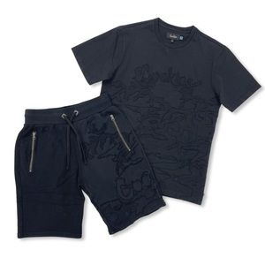 Cookiessf Black embroidery tee & triple zipper pockets short set